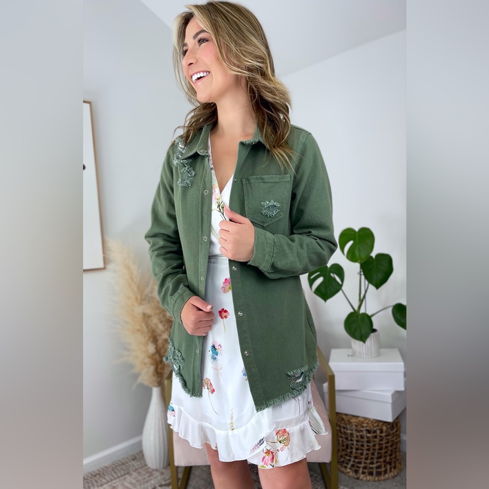Amazon LookbookStore Denim Jacket Button Up Distressed Shacket, Medium, Green